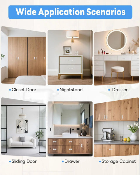 Wide application scenarios for 2 Pack Adhesive Cabinet Handles 3 Inch Self Stick Knobs shown on closet, nightstand, dresser, drawer, and cabinet.