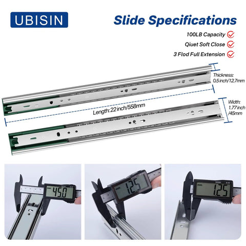 Four Pairs Soft Close Drawer Slides 22 Inch Full Extension Heavy Duty Ball Bearing Drawer Glides for Cabinets with capacity details