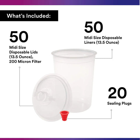 Midi 13.5 Oz PPS Paint Cup Lids And Liners Kit With 50 Disposable Lids And Liners, 200 Micron Filter And Sealing Plugs For Use With Your PPS Spray Gun On Cars, Furniture, Home Projects