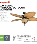 Palm Valley 52 Inch Tropical Ceiling Fan With Light For Indoors Or Outdoors Dual Mountable With Pull Chain Five Palm Leaf Blades Reversible Motor Bronze Finish Angled Ceiling Ready bronze finish with palm leaf blades.