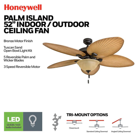 Palm Valley 52 Inch Tropical Ceiling Fan With Light For Indoors Or Outdoors Dual Mountable With Pull Chain Five Palm Leaf Blades Reversible Motor Bronze Finish Angled Ceiling Ready bronze finish with palm leaf blades.