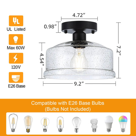 Semi Flush Mount Ceiling Light With Seeded Glass Shade In Black Finish Modern Farmhouse Style Fixture dimensions guide