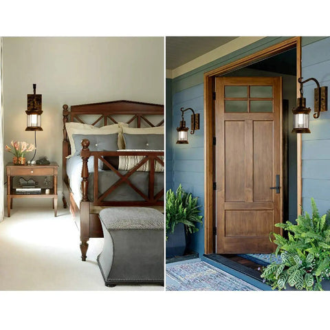 Rustic Lantern Wall Sconce Lights Plug In Oil Rubbed Bronze Antique Fixtures in bedroom and porch, matte finish, 2 pack.
