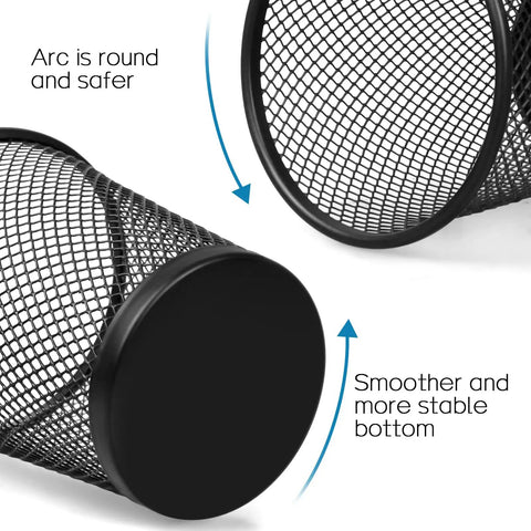 Close-up of Black Mesh Pencil Holder Metal Pen Cup Desk Organizer Set Of 6 showing smooth round edges and bottom stability.