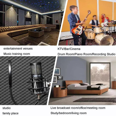 Thick Self Adhesive Acoustic Foam Rolls Heavy Duty Soundproof Wall Pads Tough Grey Noise Dampening Sheets in a music studio setup.