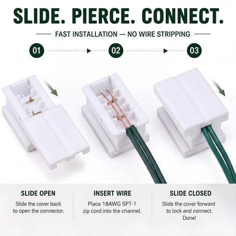 Badass 50 Pack Of Spt-1 Vampire Plugs For Christmas Light Wire Connectors And Diy Splice Cords Indoors Or Outdoors Powers Up String Lights With Zero Hassle In Bright White showing installation steps for vampire light plugs.
