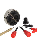 Front view of VINWOX 4-inch nickel-coated 4-jaw self-centering wood lathe chuck with adapters and assorted tools