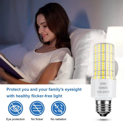 Woman reading by bedside lamp with Two Pack 30W LED Corn Light Bulbs, 3750 Lumen, 5000K Cool Daylight, Waterproof Outdoor Indoor, E26 E27 Medium Base, Replace 250W Incandescent, Energy Saving for Garage, Workshop, Backyard.