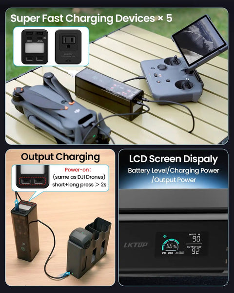 Drone Power Station Portable Charger 100Wh 27000mAh On The Go with LCD Screen charging drone and controller on table