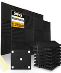 50 Pack Black Wedge Acoustic Foam Panels 1x12x12 Inches High Density Sound Absorbing Wall Tiles stacked with installation guide.