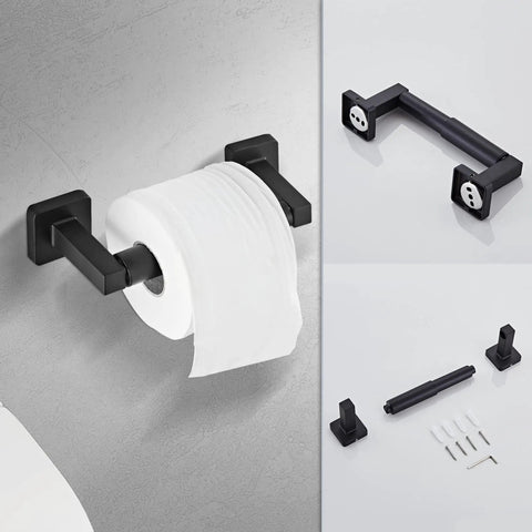 Matte Black 4-Piece Bathroom Hardware Set, Stainless Steel Wall Mounted Kit with toilet paper holder, screws inlay on gray wall.