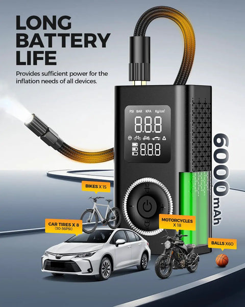 Wireless Portable Tire Inflator With Digital Pressure Gauge And Built In Led Light For Cars Bikes And Sport Gear Type C Rechargeable Smart Air Pump with digital display and hose.