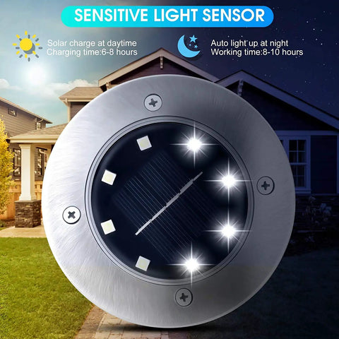Close-up of Solar Disk Lights For Outdoor Landscaping And Pathways No Fuss LED Easy Stake Mount Waterproof Stainless Steel Tops
