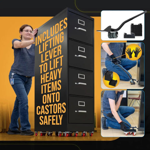 Heavy Duty Furniture Movers Dolly Kit With Double Bearings And Locking Wheels used to lift heavy items onto wheels safely with a lever.