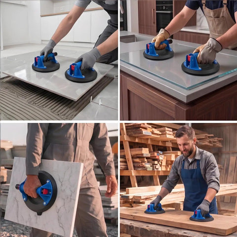 Heavy Duty 8 Inch Vacuum Suction Cups For Glass And Tile, 2 Pack Industrial Lifting Tool shown in use lifting large tiles.