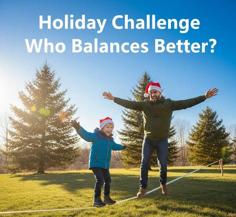 Ultimate 70 Foot Slackline Kit With Training Line For Backyard Fun, father and child balancing on slackline in holiday hats