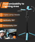 Rechargeable Work Light With Stand Cordless Triple LED Lamp System 8Ah Battery Delivers 700 1200 2200 Lumens illustrated with rotation angles