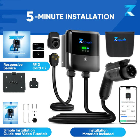 Level 2 EV Charger 40 Amp 240V 9.6kW Smart Wall Mount showing components and smartphone app.