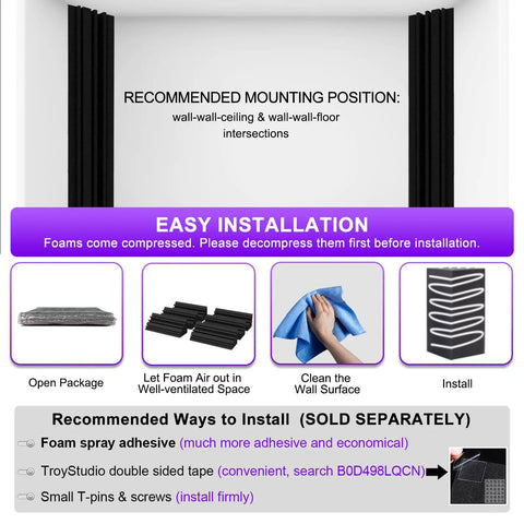 Bass Traps 12 Pack Dope 4x4x12 Inches Dense Foam Corner Panels installation guide with images showing steps for setup in a studio.