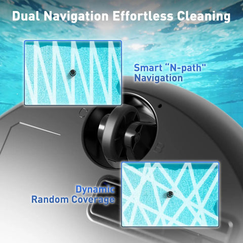 Close-up of Cordless Robotic Pool Cleaner With Dual Suction And 130 Minute Runtime Self Parking Lightweight For Inground And Above Ground Pools Cleans Up To 65 Feet And 1100 Sq Ft showing dual navigation feature.