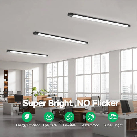 Linkable 2Ft LED Garage Light Ceiling Fixture With 5000K Daylight Tube, 18W Overhead Bar, installed in modern office