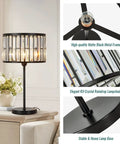 Sleek 21.6 Inch Black Industrial Bedside Lamp With Crystal K9 Shade, 3 Color Changing Mood Lighting, Plug In On Off Switch