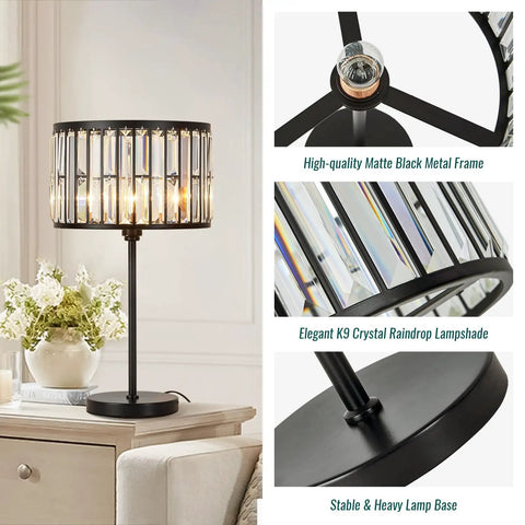 Sleek 21.6 Inch Black Industrial Bedside Lamp With Crystal K9 Shade, 3 Color Changing Mood Lighting, Plug In On Off Switch