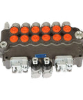 All-CARB 6-spool hydraulic directional control valve block with dual joysticks and orange port caps