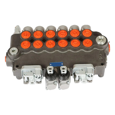 All-CARB 6-spool hydraulic directional control valve block with dual joysticks and orange port caps