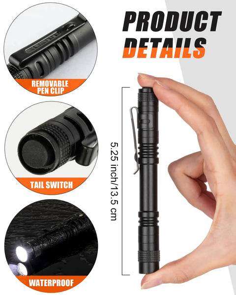 Image showing features of 20 Pack Pen Light Flashlights, 5.12 Inch Aluminum Pocket LED Lights With Clip, Waterproof, Ideal For Nurses