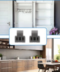 50 Piece 86 Degree Cabinet Hinge Restrictor Clips With Screwdriver, gray clips shown with kitchen and living room cabinets