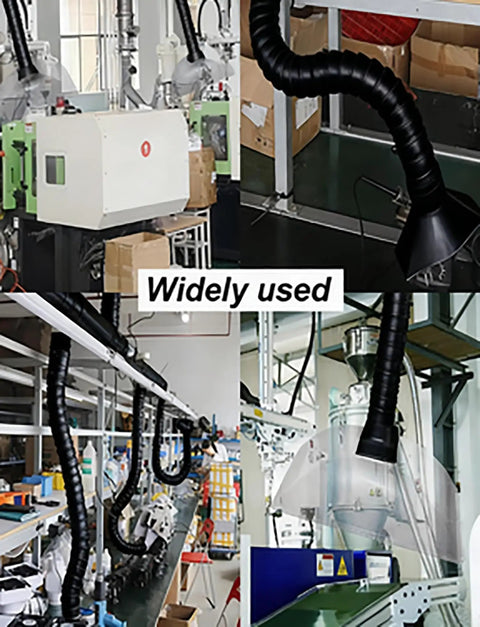 Heavy Duty Fume Extract Arm With No Sag Flex 120Cm Articulated Duct Hose And Precision Nozzle for welding smoke in a workshop environment.