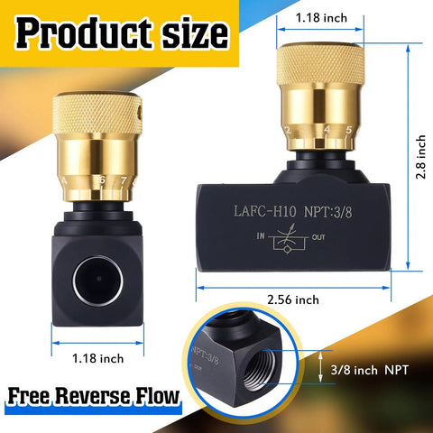 3/8 Inch NPT Hydraulic Flow Control Needle Valve With Bidirectional Flow And Shutoff, Rugged Metal Body, Product Size Dimensions