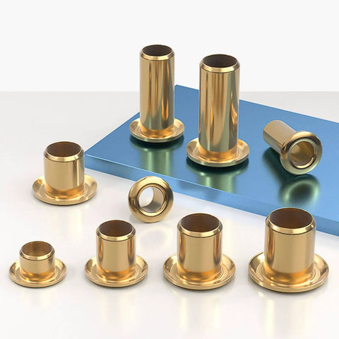 Top Shelf Pure Brass Hollow Rivet Eyelets For Leather And Heavy Duty Fabric Crafting, assorted sizes on blue surface.