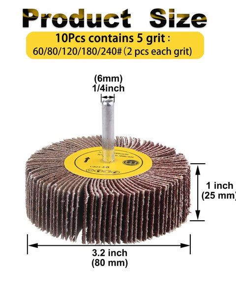 One Quarter Inch Abrasive Flap Wheel Sander Set With 80 Grit Aluminum Oxide Flap Wheels Cylindrical Shape Sanding Wheels For Drills And Die Grinders Durable Metal Wood Plastic Buffing Kit
