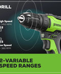 Close-up of the 24V Max Cordless Brushless Drill with 2-variable speed ranges, displaying high and low speed settings.