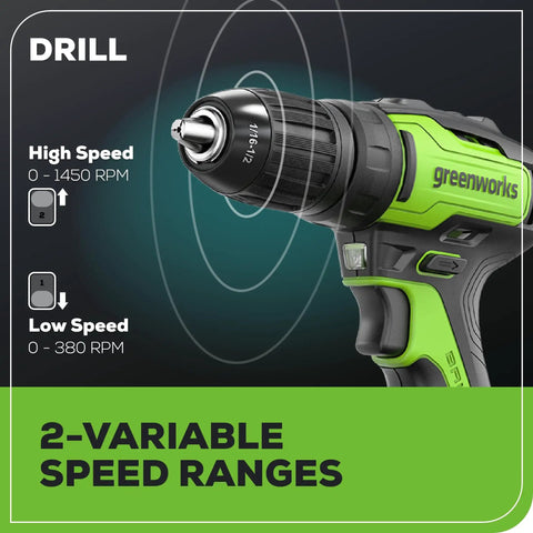 Close-up of the 24V Max Cordless Brushless Drill with 2-variable speed ranges, displaying high and low speed settings.