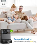 Family relaxing on sofa with Eufy C20 Omni robot vacuum in foreground, showing compatibility with specific models.