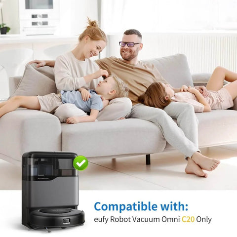 Family relaxing on sofa with Eufy C20 Omni robot vacuum in foreground, showing compatibility with specific models.