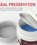 Opened can of welding nozzle gel for MIG welding anti spatter dip, showing blue gel with seal and lid, product detail view.