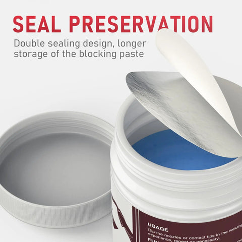 Opened can of welding nozzle gel for MIG welding anti spatter dip, showing blue gel with seal and lid, product detail view.