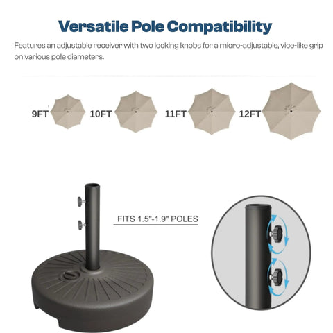 Heavy Duty Water Filled Umbrella Base Stand, 81.5 Lb Max Capacity, Dual Knob Locking System for Stability, umbrella compatibility