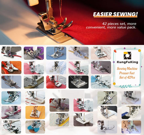 Sewing machine presser feet set, 42 pcs for low-shank machines; collage of assorted feet by KungFuKing.