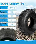 All Terrain Tire 145/70-6 for Mini Bikes and Go Karts, showing knobby tread design on a rocky terrain background.
