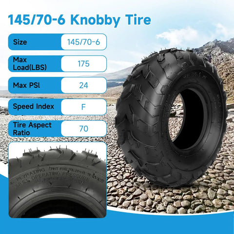 All Terrain Tire 145/70-6 for Mini Bikes and Go Karts, showing knobby tread design on a rocky terrain background.