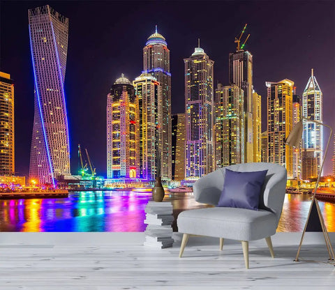 Giant City Night Skyline Wall Mural for Bedroom and Living Room Not Peel and Stick, 7 Piece Silk Finish Panel Set, 151 by 105 Inches