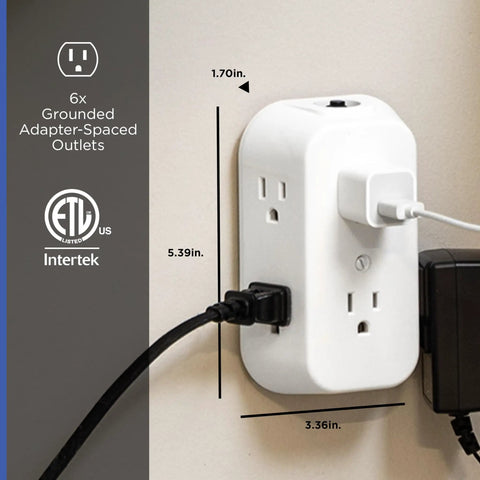 Six Outlet Grounded Wall Tap Extender With Four Side Access Outlets Resettable Circuit Breaker ETL Listed Easy Quick Install