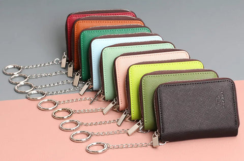 RFID Blocking Zipper Wallet For Women With 16 Card Slots And 2 Cash Pockets Compact Keychain Wallet In Multi Color Options