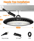 2 Pack 100W LED High Bay Lights For Garage, Shop And Warehouse, 5000K Daylight, 13000 Lumens, 110V Plug, easy installation displayed