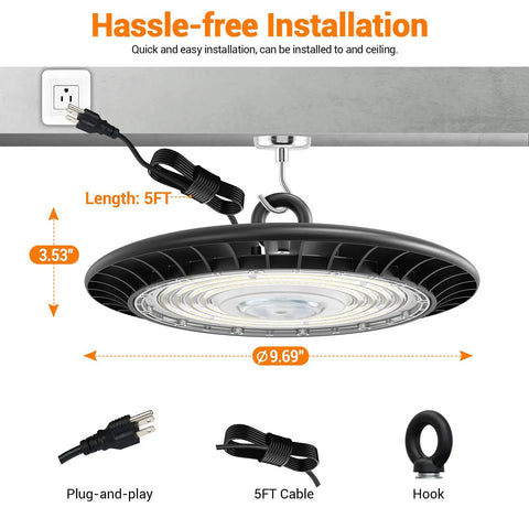 2 Pack 100W LED High Bay Lights For Garage, Shop And Warehouse, 5000K Daylight, 13000 Lumens, 110V Plug, easy installation displayed